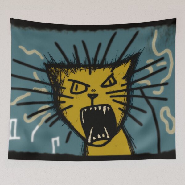 Item preview, Wack crazy cat hissing, yellow blue designed and sold by NxtGenArt.