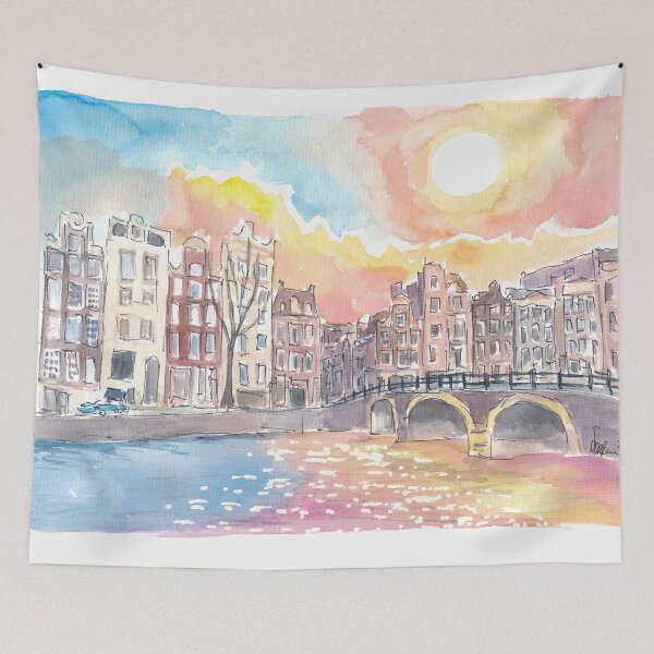 Item preview, Amsterdam Torensluis Bridge Canal Scene with Sun and Water designed and sold by artshop77.