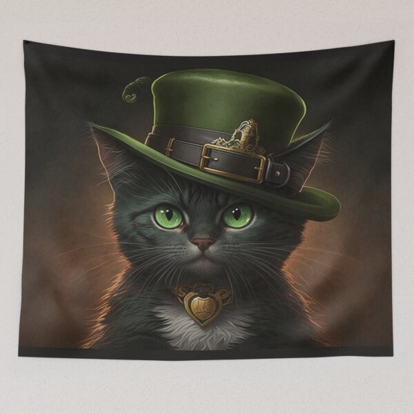 Item preview, St patricks day cat with green intense eyes and green hat designed and sold by NxtGenArt.