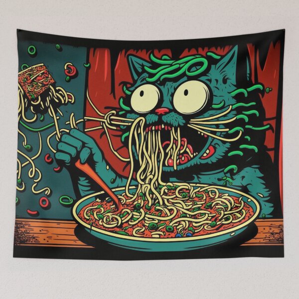 Item preview, Spaghetti eating cat vibrant colorful designed and sold by NxtGenArt.