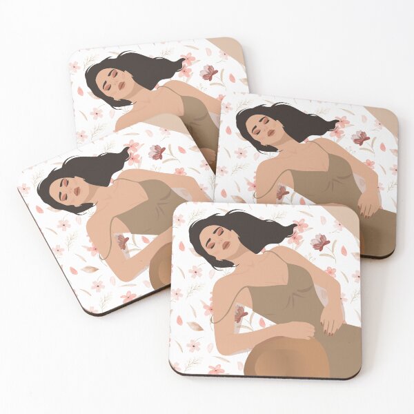 Item preview, brunette woman in a nude dress and hat in hand lying on the bedspread  designed and sold by SabinArt.