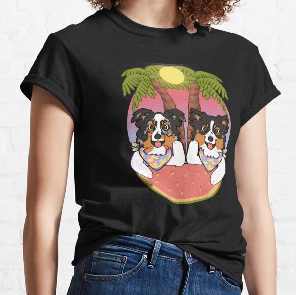 mini Aussies on the beach during sunset black tri blue Merle mini American Shepherd Classic T-Shirt