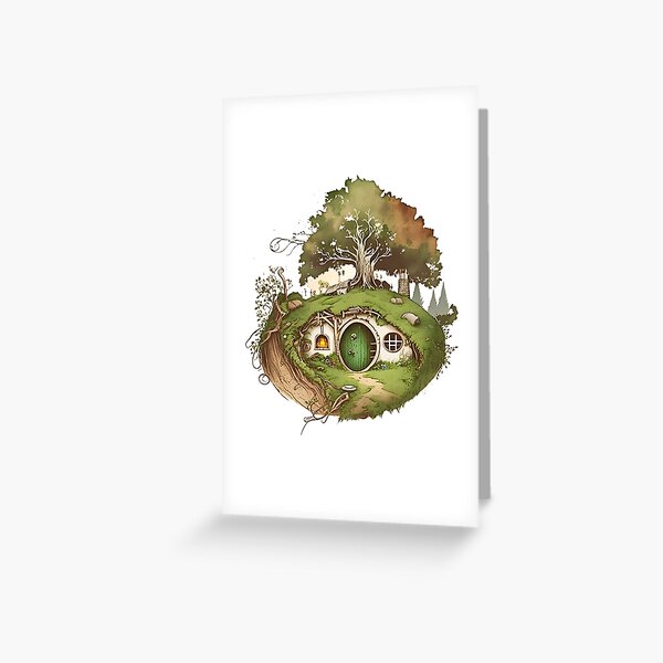 Aperçu de l'œuvre Maison Halfling - Portes rondes - Noir - Aquarelle - Fantaisie créée et vendue par Fenay Designs.