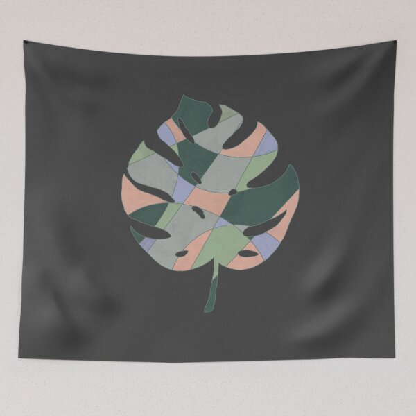 Item preview, Monstera leaf with colored areas in sage green, green, light blue, gray on anthracite designed and sold by Ninaeva.