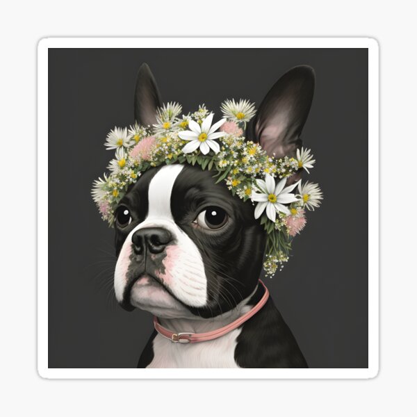Item preview, Boston terrier cute portrait with flower band designed and sold by salarkoshop.
