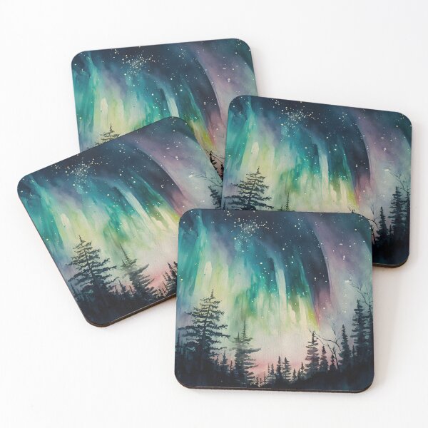Item preview, Aurora over the Forest Watercolor Landscape designed and sold by ReginaRayDesign.