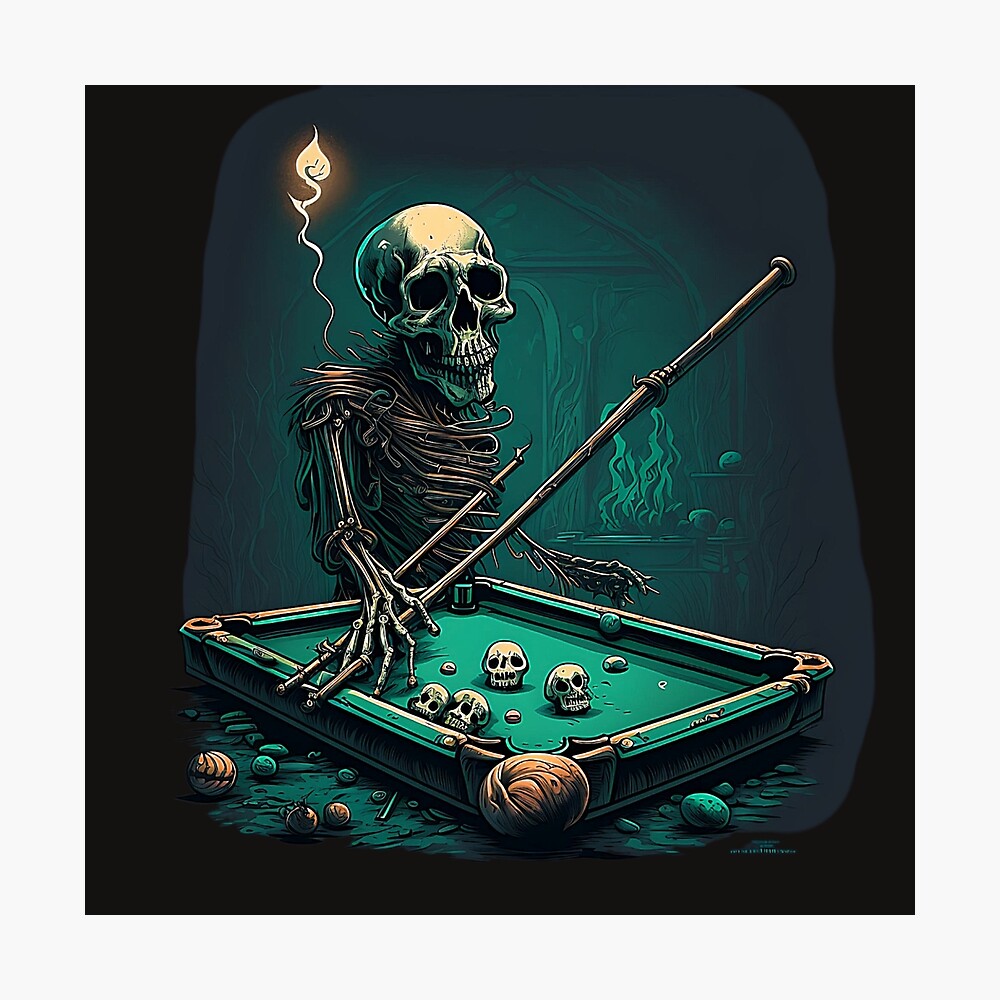 big headed skeleton playing pool