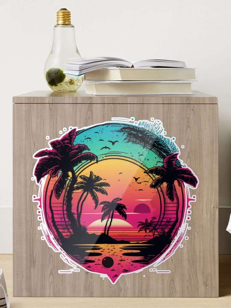 Retro Beach Palm Trees Water Sun Design Sticker for Sale by