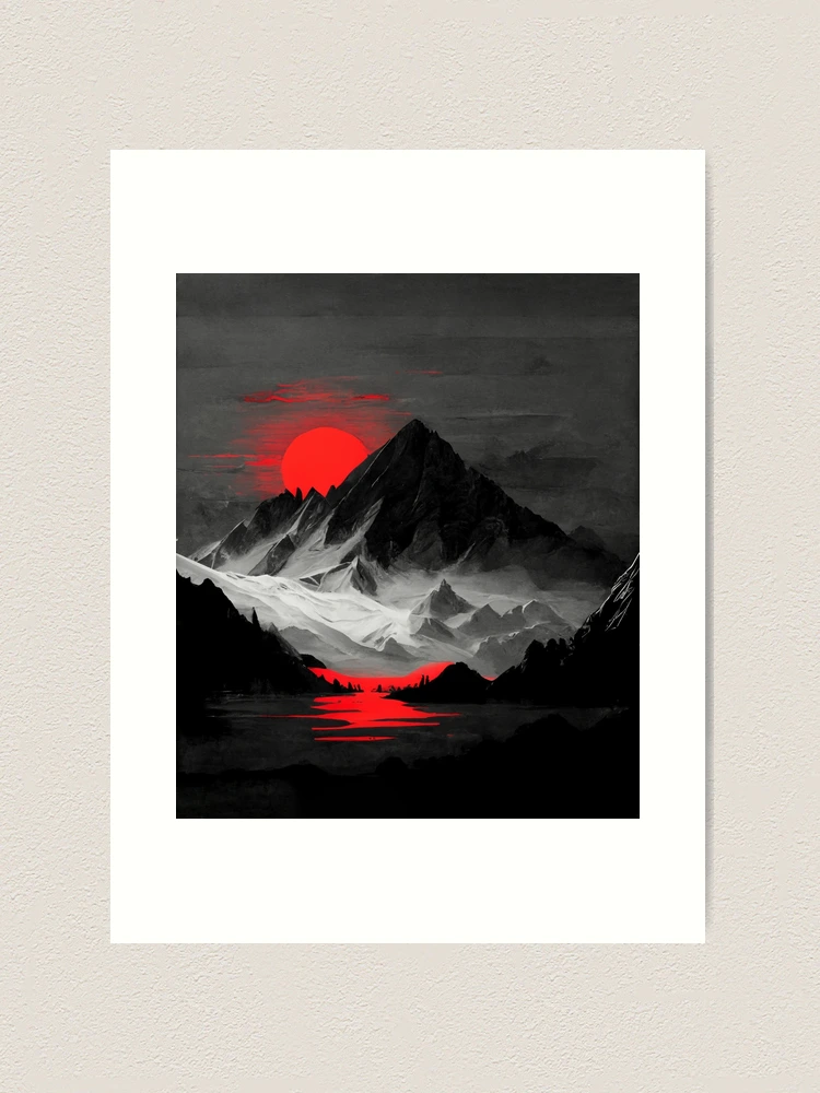 Dark mountain range in black and white with red accents Art Print for Sale  by Vela Barrera