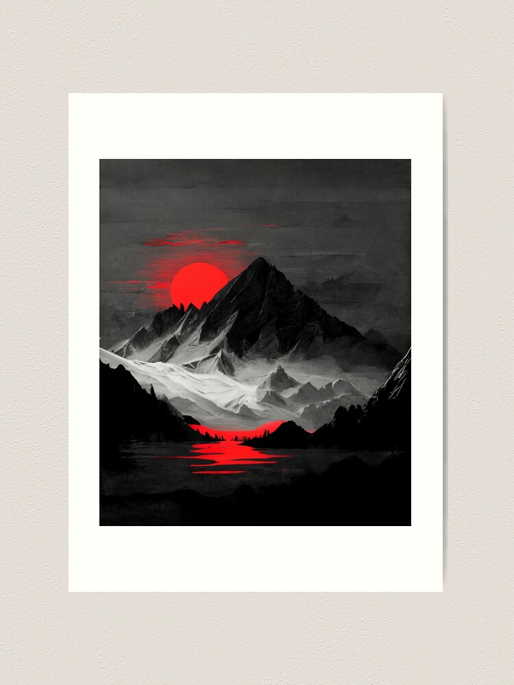Dark mountain range in black and white with red accents