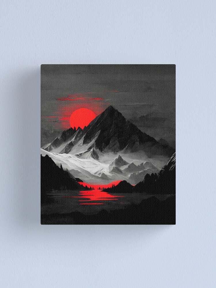 Dark mountain range in black and white with red accents Canvas Print
