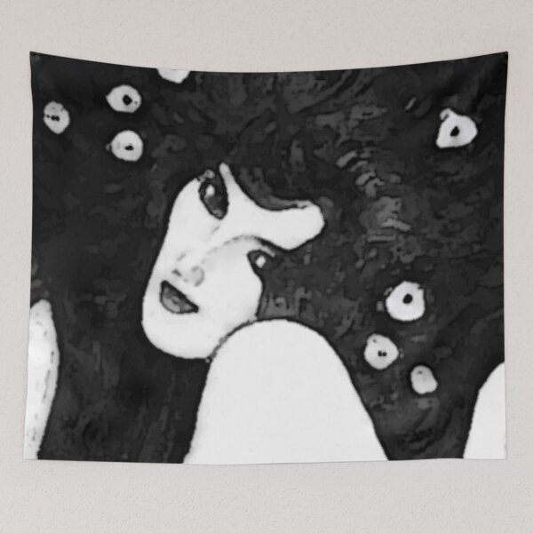 Item preview, Abstract Black and White Gustav Klimt Woman with Flowers in Her Long Hair Beethoven Friese Painting Monochromatic Halftone Effect Edit by Veda Graphic designed and sold by kattakitty.