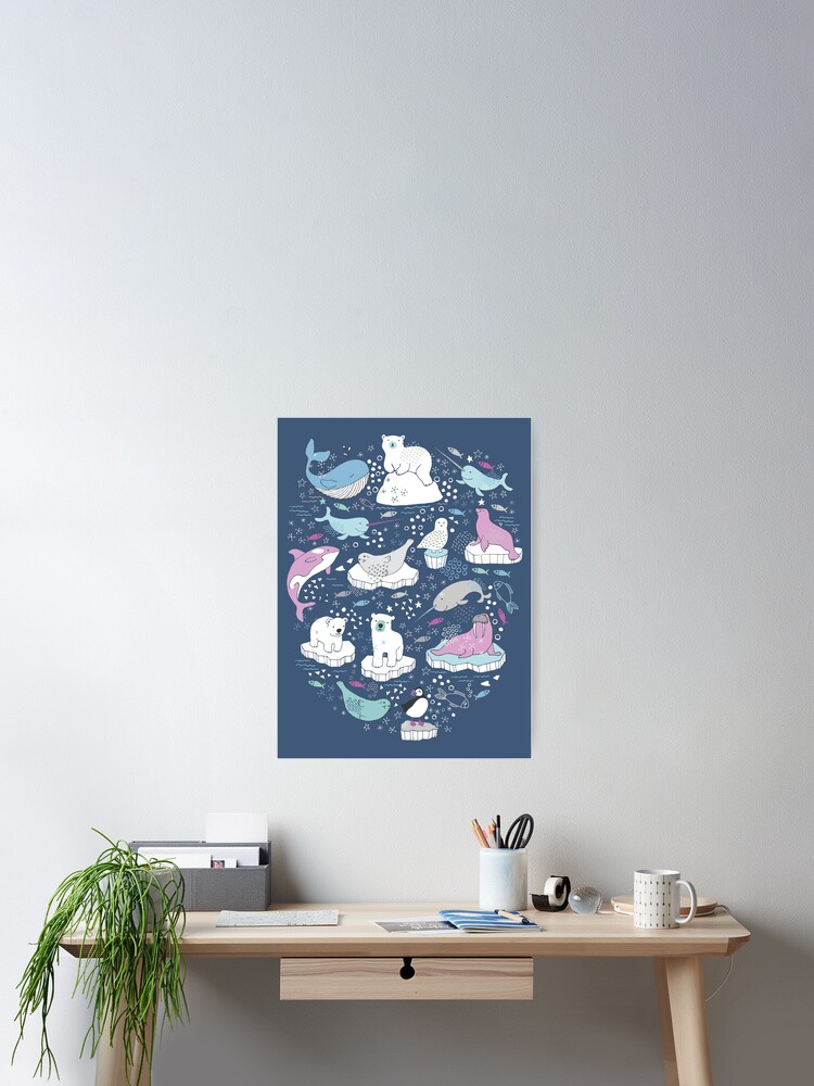 Thumbnail 2 of 3, Poster, Arctic Animal Icebergs - blue and pink - fun pattern by Cecca Designs designed and sold by Cecca-Designs.