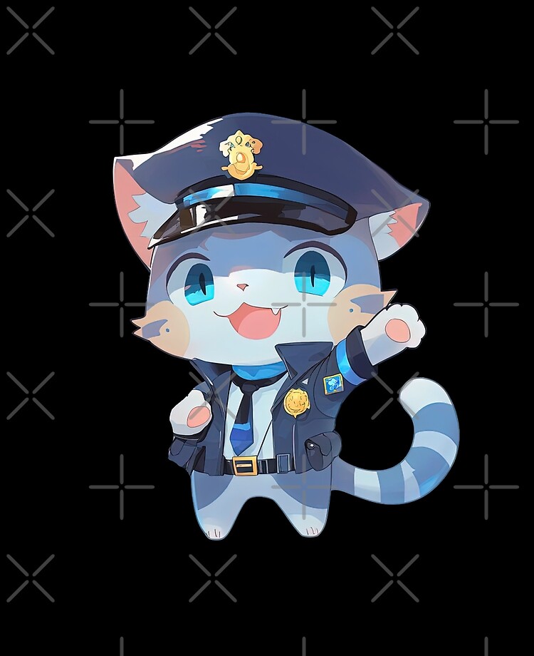 Cute Cat Police Officer Cartoon Anime Style Animal