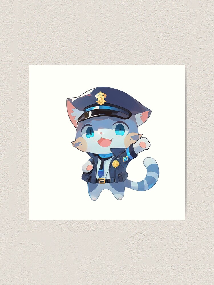 Cute Cat Police Officer Cartoon Anime Style Animal
