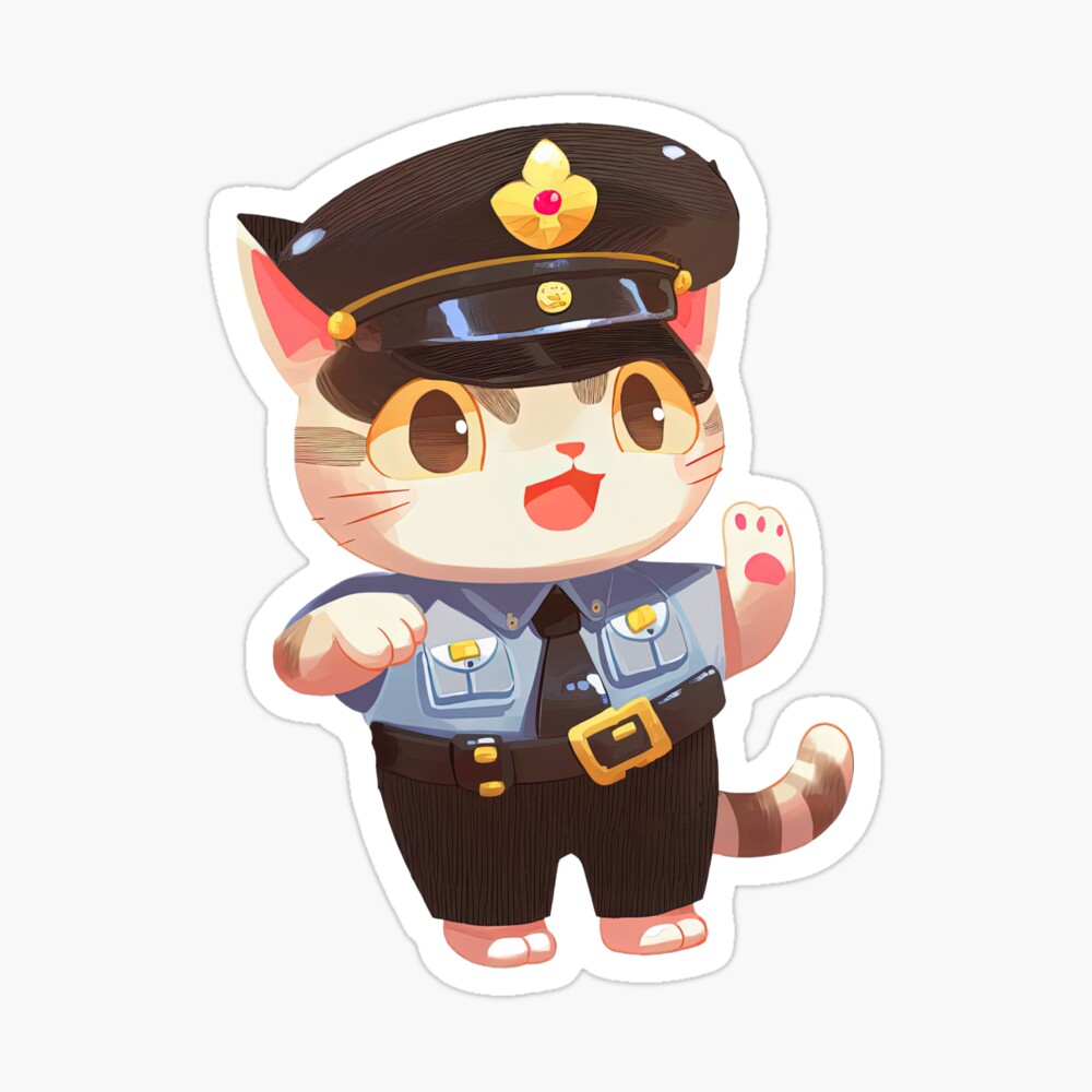 Cute Cat Police Officer Cartoon Anime Style Animal