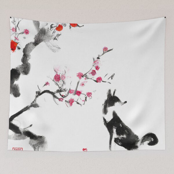Item preview, Sumi-e Japanese ink drawing, fox among plum blossoms designed and sold by Monkonthehill.