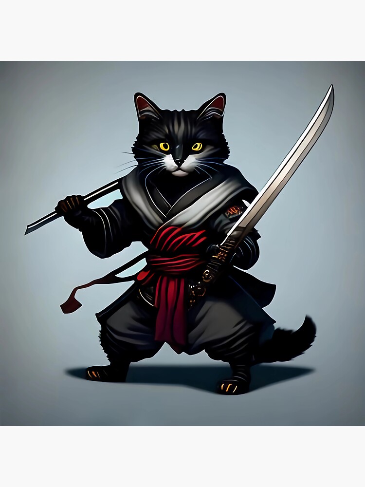 Lindo gato ninja segurando uma espada