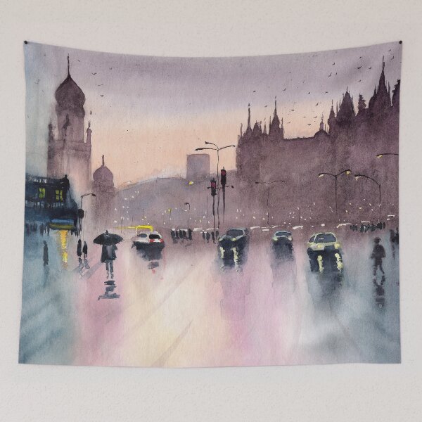 Item preview, Watercolor rainy cityscape of Mumbai designed and sold by MaryWatercolor.