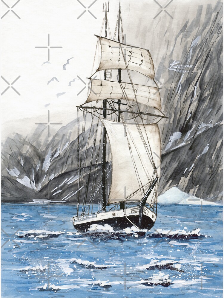 Watercolor distant sailing boat in ocean storm Sticker for Sale