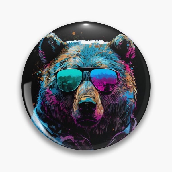 Item preview, Colorful bear wearing sunglasses, 80's retrowave art, synthwave style, animal art, grizzly bear designed and sold by SnorbelDesign.