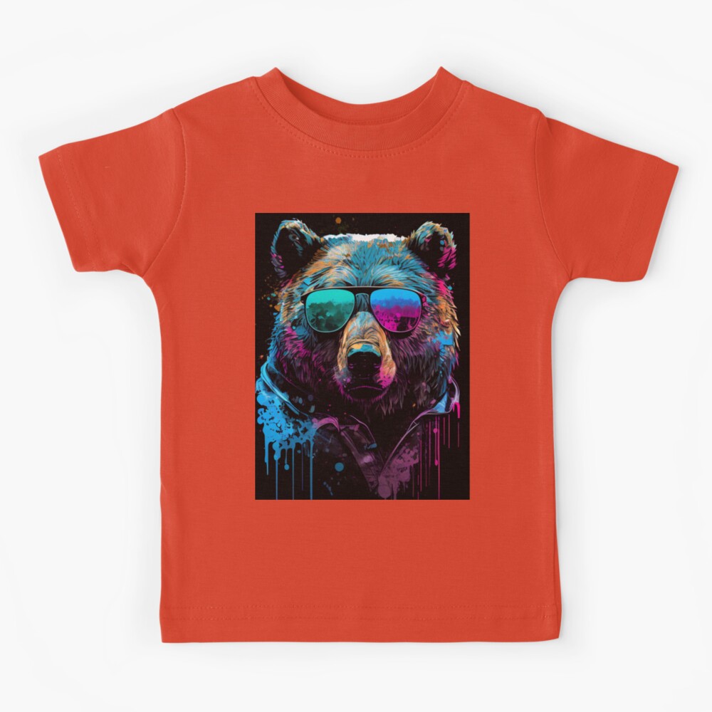 Colorful bear wearing sunglasses, 80's retrowave art