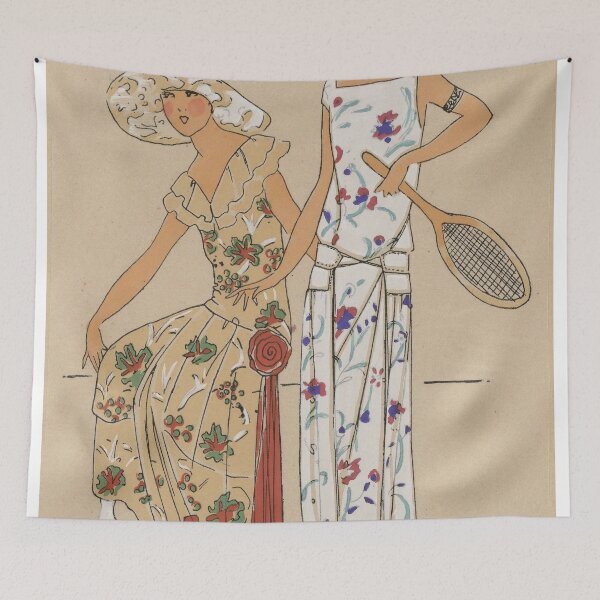 Item preview, High Resolution | Women Playing Tennis Vintage Line Drawing Watercolor designed and sold by archerfield.