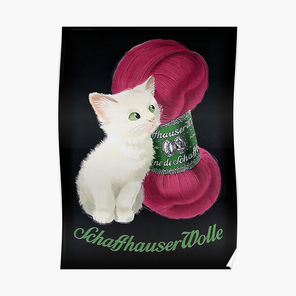 Vintage German wool yarn advert featuring a cute kitten Poster
