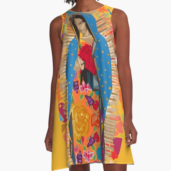 Virgin of Guadalupe, Yellow Background A-Line Dress