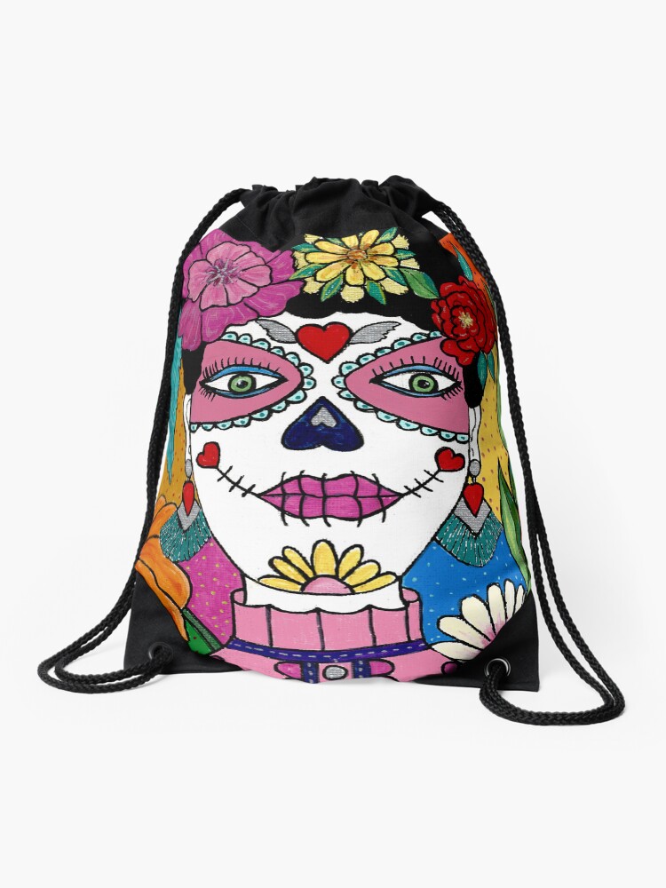 Thumbnail 1 of 3, Drawstring Bag, Sugar Skull Pink designed and sold by FunkyAdicom.