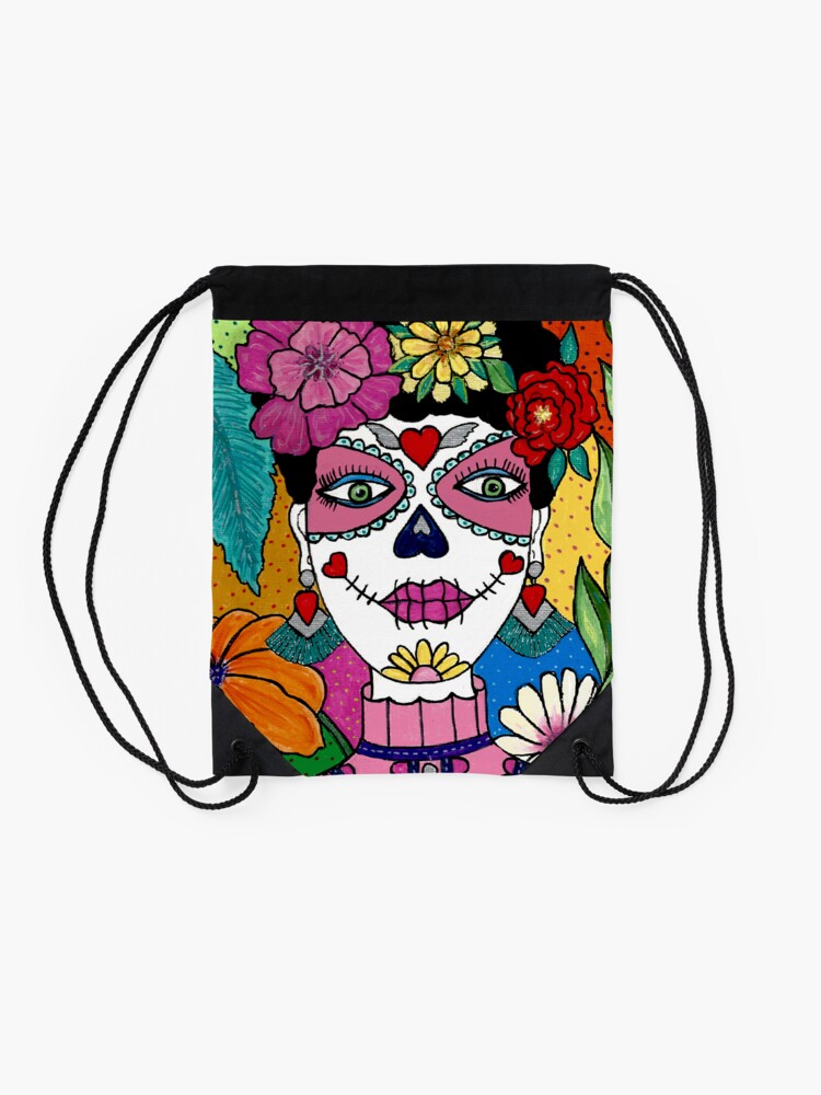 Thumbnail 2 of 3, Drawstring Bag, Sugar Skull Pink designed and sold by FunkyAdicom.