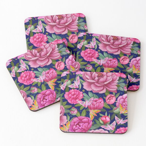 Item preview, Pink peony and Elephant Hawkmoth floral watercolour art designed and sold by MagentaRose.
