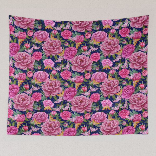 Item preview, Pink peony and Elephant Hawkmoth floral watercolour art designed and sold by MagentaRose.