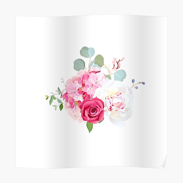 Póster «Floración flor de peonía roja blanca y burdeos, hortensia rosa,  rosa» de lavendertime | Redbubble