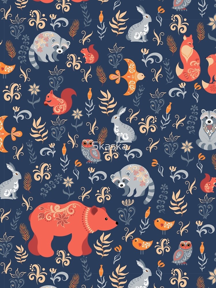 Fairy-tale forest. Fox, bear, raccoon, owls, rabbits, flowers and herbs on a blue background. by Skaska
