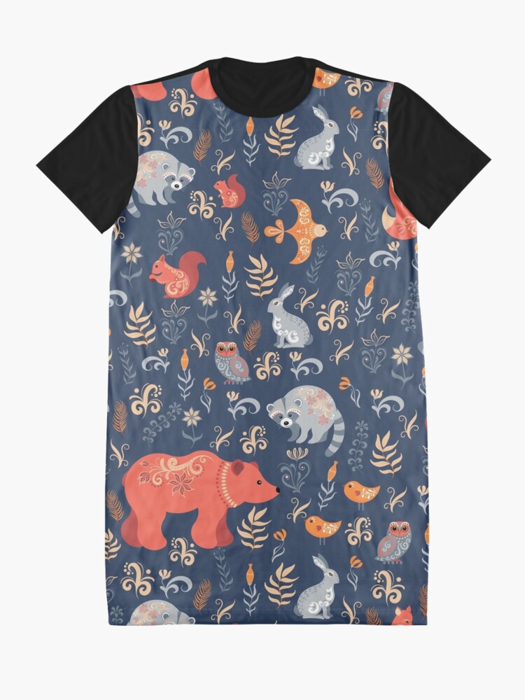 Alternate view of Fairy-tale forest. Fox, bear, raccoon, owls, rabbits, flowers and herbs on a blue background. Graphic T-Shirt Dress