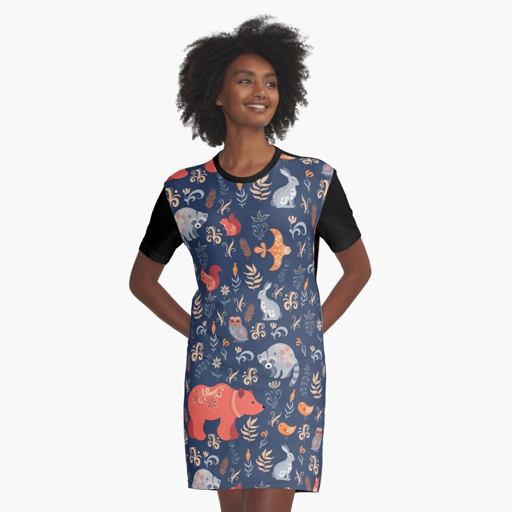 Fairy-tale forest. Fox, bear, raccoon, owls, rabbits, flowers and herbs on a blue background. Graphic T-Shirt Dress