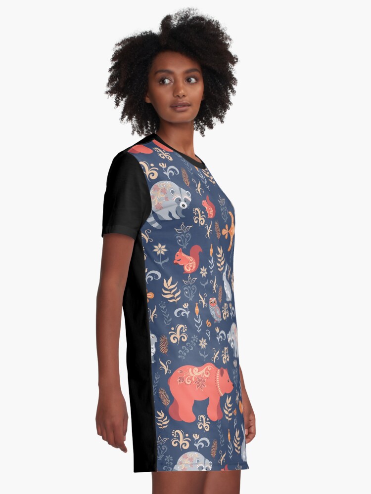 Alternate view of Fairy-tale forest. Fox, bear, raccoon, owls, rabbits, flowers and herbs on a blue background. Graphic T-Shirt Dress