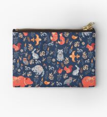 Fairy-tale forest. Fox, bear, raccoon, owls, rabbits, flowers and herbs on a blue background. Studio Pouch