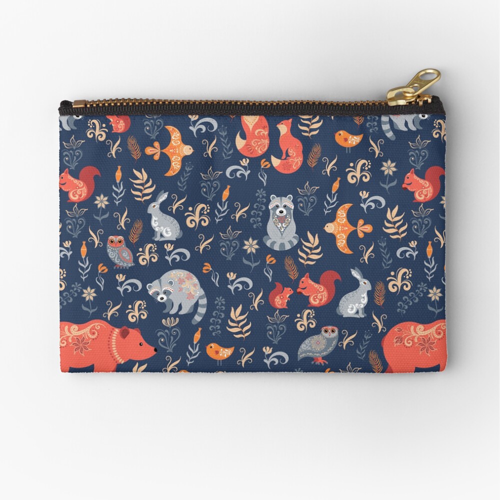 Fairy-tale forest. Fox, bear, raccoon, owls, rabbits, flowers and herbs on a blue background. Zipper Pouch