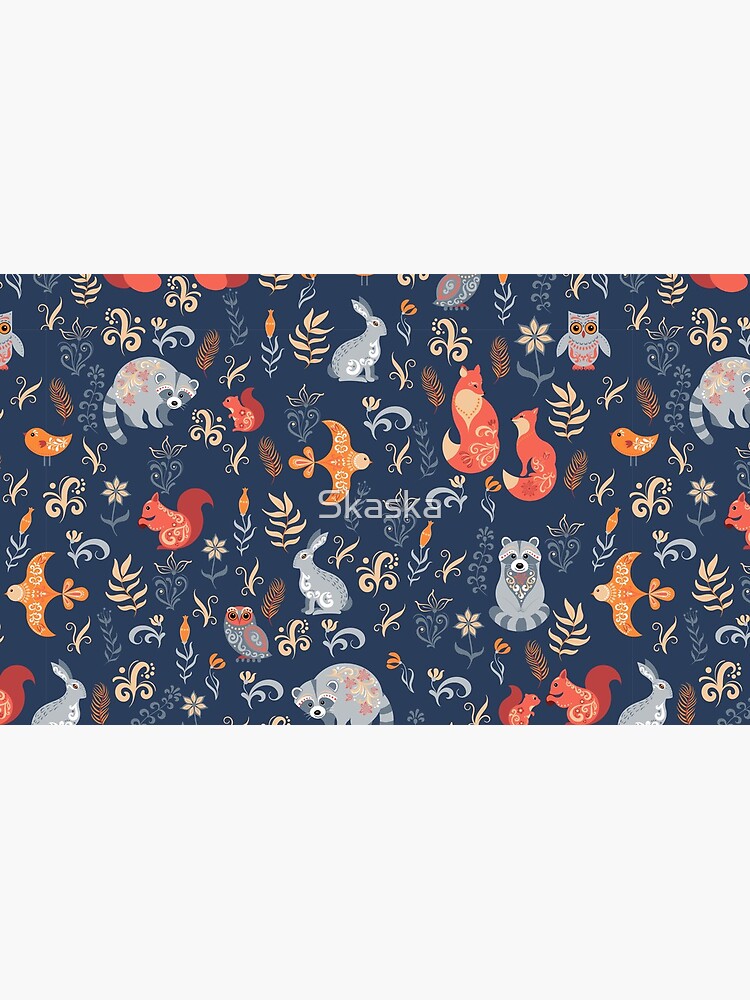 Fairy-tale forest. Fox, bear, raccoon, owls, rabbits, flowers and herbs on a blue background. by Skaska