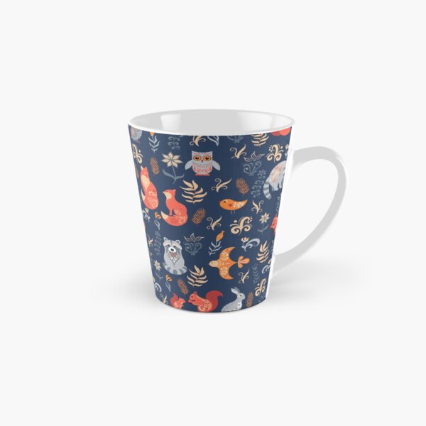 Fairy-tale forest. Fox, bear, raccoon, owls, rabbits, flowers and herbs on a blue background. Tall Mug
