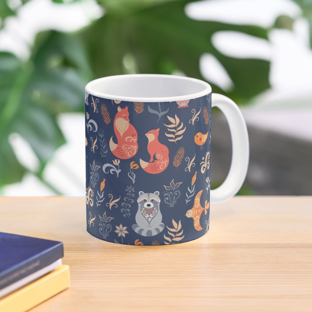 Fairy-tale forest. Fox, bear, raccoon, owls, rabbits, flowers and herbs on a blue background. Mug