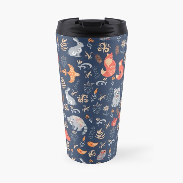 Fairy-tale forest. Fox, bear, raccoon, owls, rabbits, flowers and herbs on a blue background. Travel Coffee Mug
