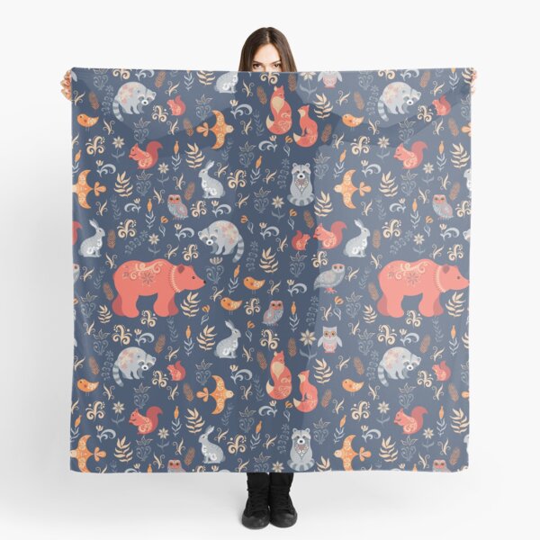 Fairy-tale forest. Fox, bear, raccoon, owls, rabbits, flowers and herbs on a blue background. Scarf