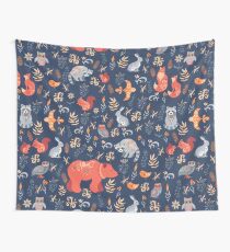 Fairy-tale forest. Fox, bear, raccoon, owls, rabbits, flowers and herbs on a blue background. Wall Tapestry