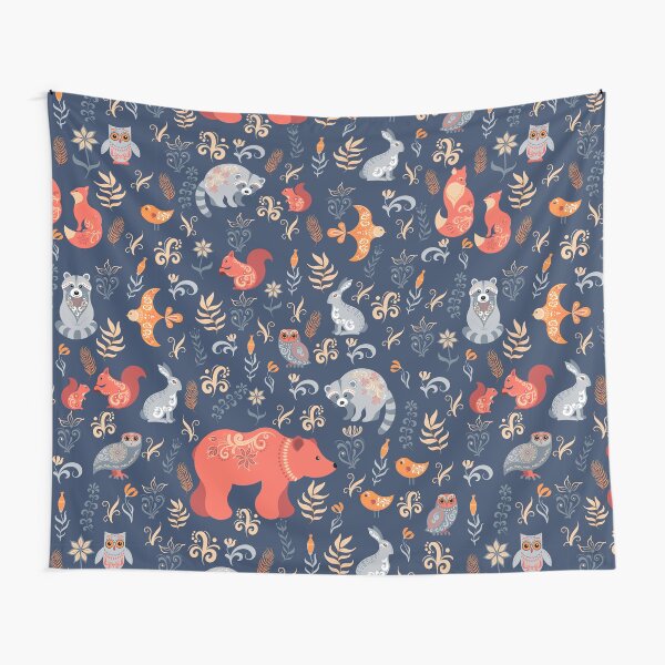 Fairy-tale forest. Fox, bear, raccoon, owls, rabbits, flowers and herbs on a blue background. Tapestry