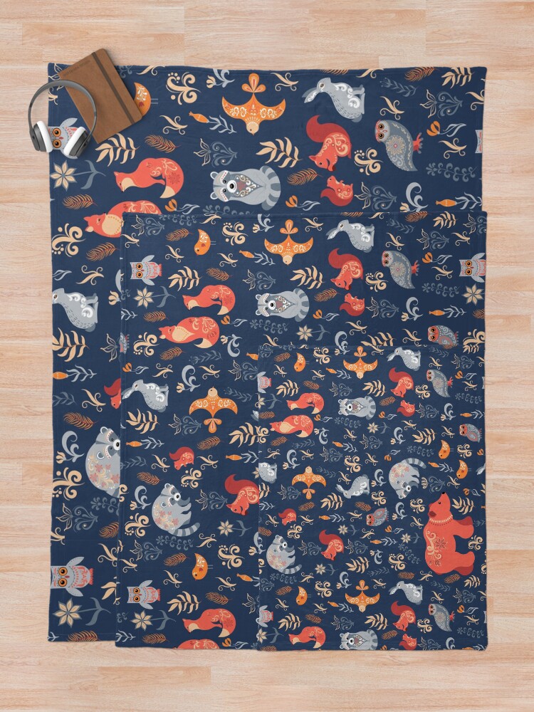 Alternate view of Fairy-tale forest. Fox, bear, raccoon, owls, rabbits, flowers and herbs on a blue background. Throw Blanket