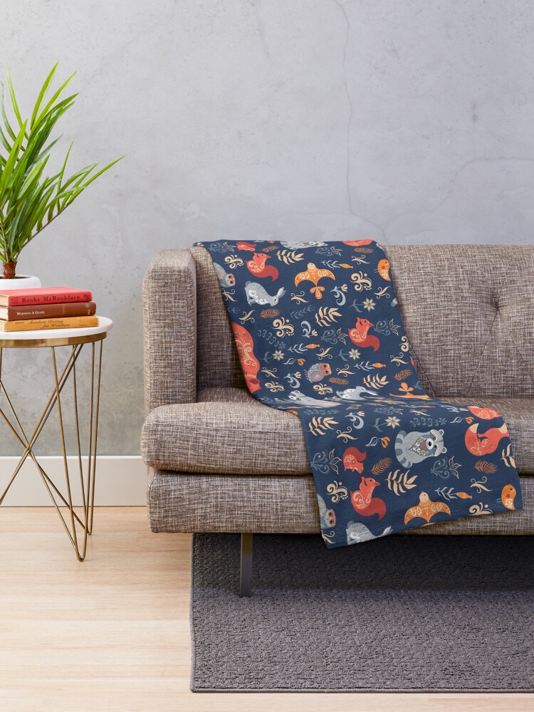 Alternate view of Fairy-tale forest. Fox, bear, raccoon, owls, rabbits, flowers and herbs on a blue background. Throw Blanket
