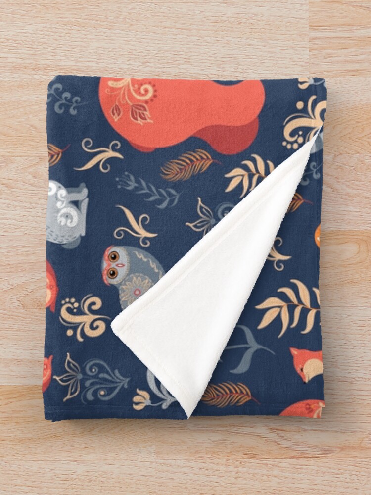 Alternate view of Fairy-tale forest. Fox, bear, raccoon, owls, rabbits, flowers and herbs on a blue background. Throw Blanket